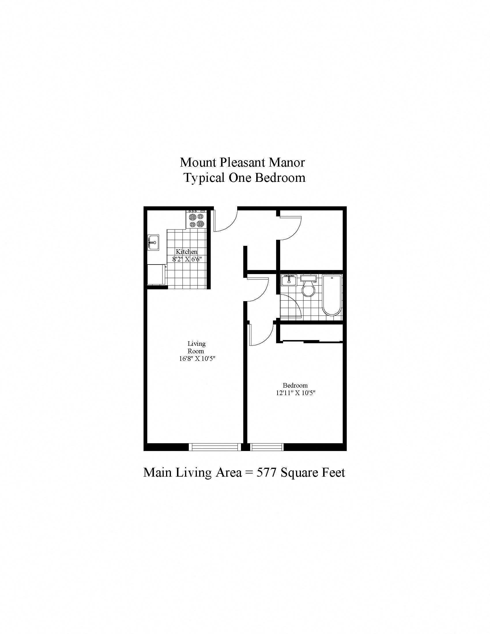 Floor plan for 1 bed, 1 bath, 577 sqft